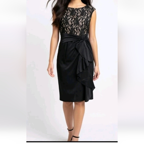 Chaps Lace Black Bodycon Midi Sleeveless Dress Empire Waist Ruffle S Petite